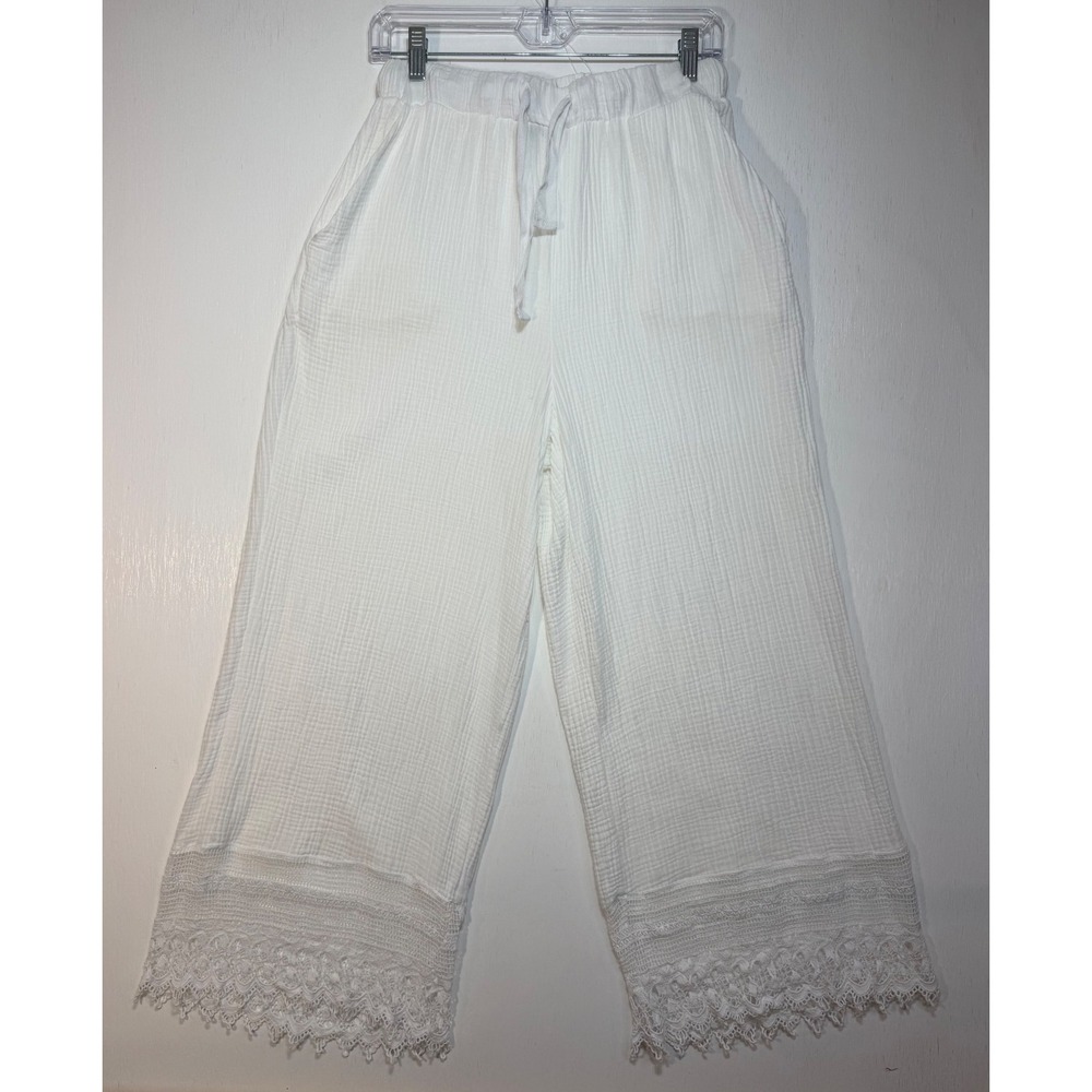 Rachel Zoe White 100% Cotton Gauze Wide Leg Pants Lace Trim Boho Cottagecore